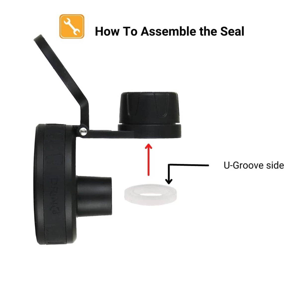 Water bottle spout lid seal gasket with U-groove side on black lid