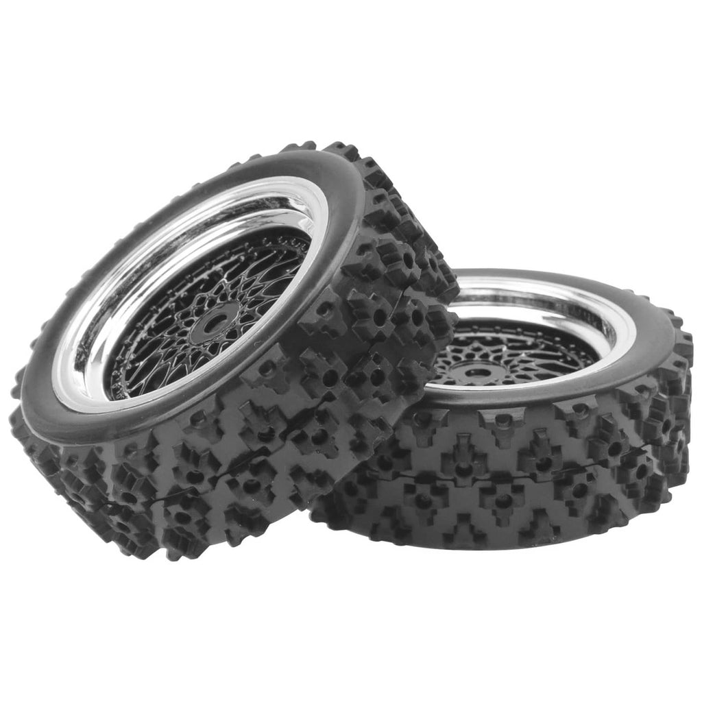 RC on-road tire and wheel set, side view of two tires with silver rims