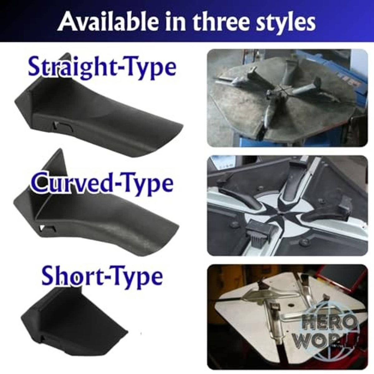 Three black tire changer jaw protector styles: straight, curved, and short
