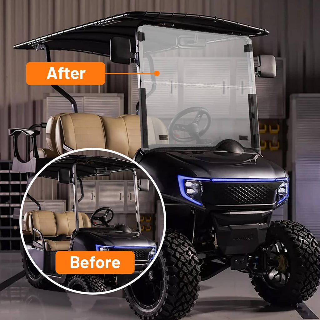 Tinted full front windshield screen installed on a golf cart in a garage
