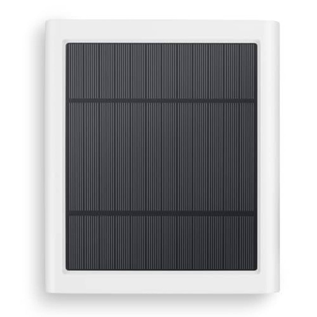 White framed solar panel with dark photovoltaic cell grid