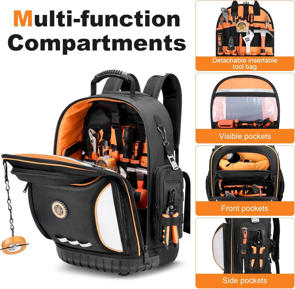 Black tool rolling backpack with multifunction compartments, visible pockets, and tool organizer