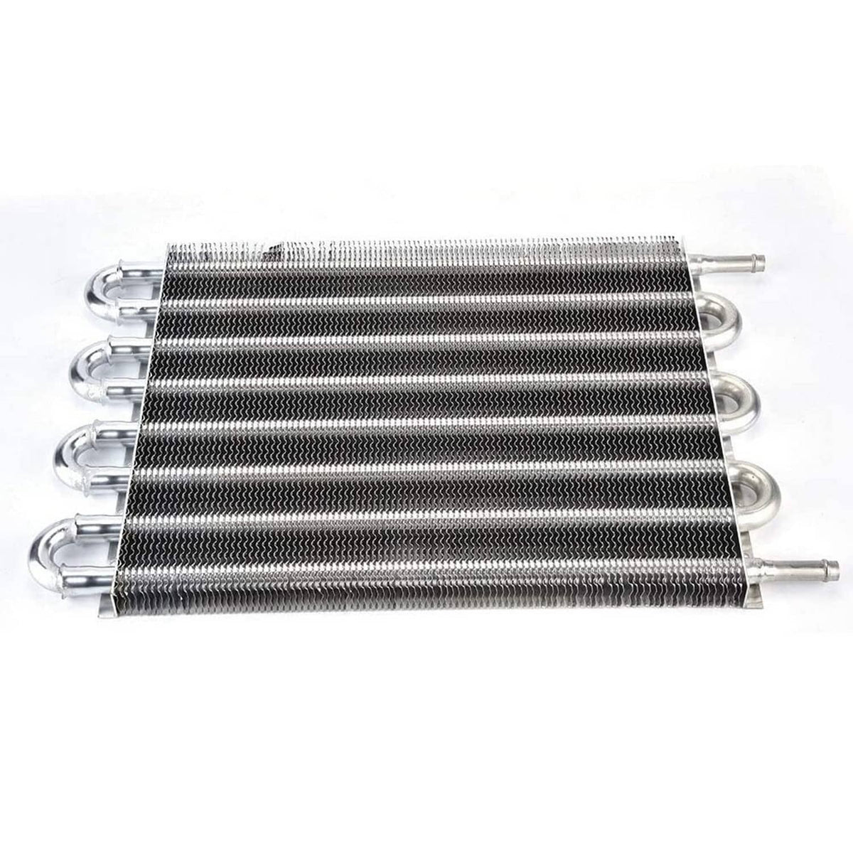 Aluminum oil cooler radiator with 8-row metal fins and chrome end tanks, close-up