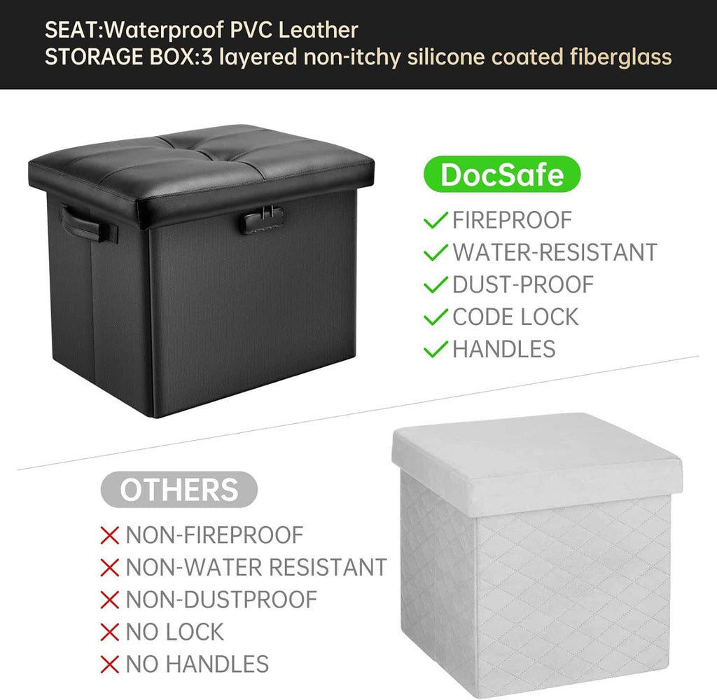 Black storage ottoman with PVC leather-look seat, padded lid, and side latches.