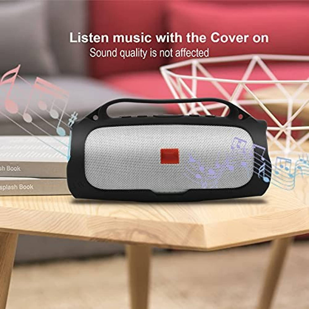 Silicone portable speaker case with gray mesh front and black rounded edge protection