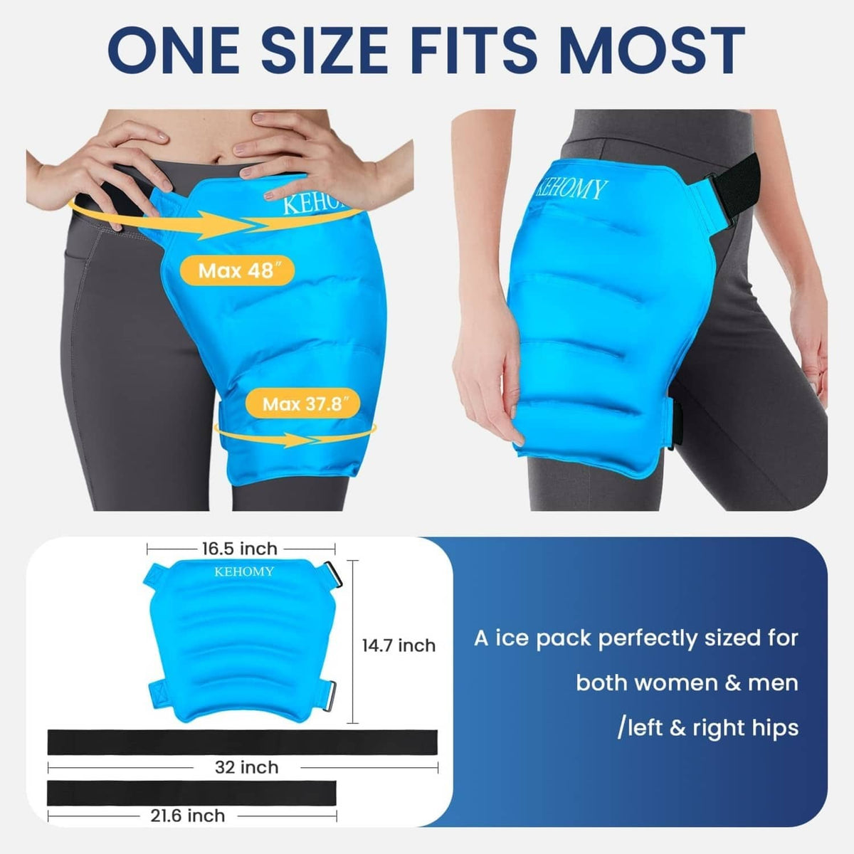 Blue gel hip and waist ice pack wrap with black adjustable straps