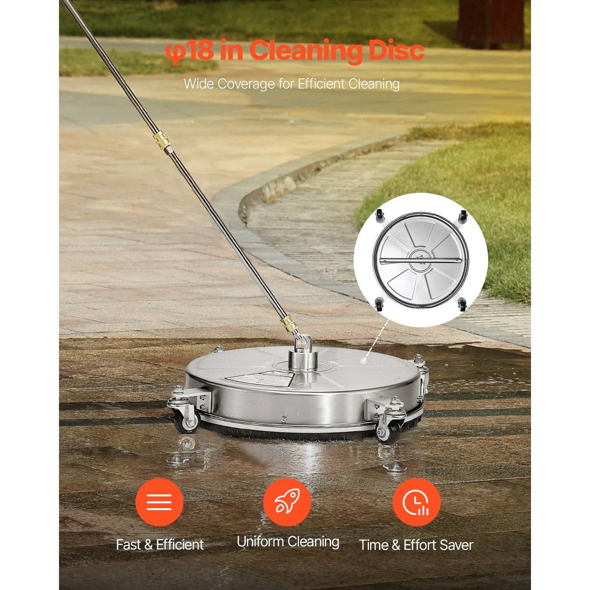Pressure washer surface cleaner with rotating cleaning disc, 4 wheels, and extension wand