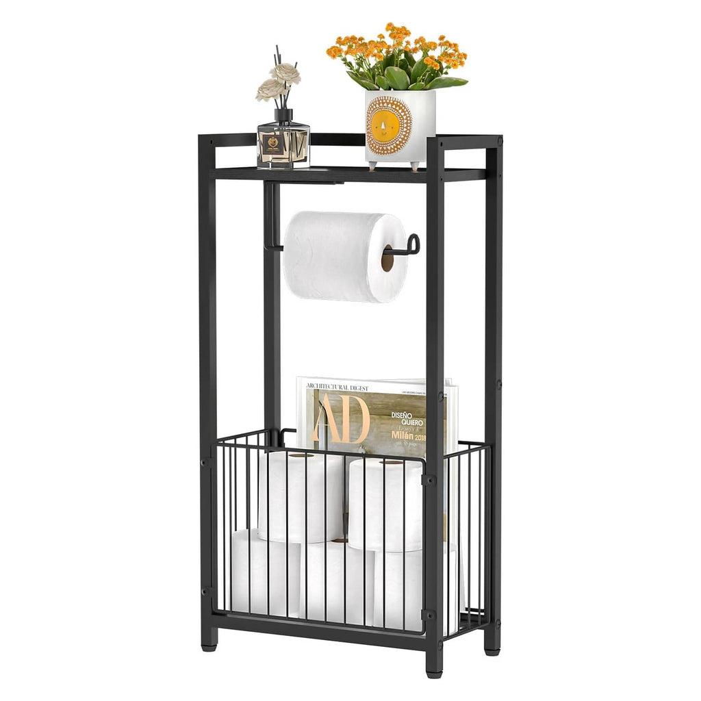 Black freestanding toilet paper holder with top shelf and front roll stand