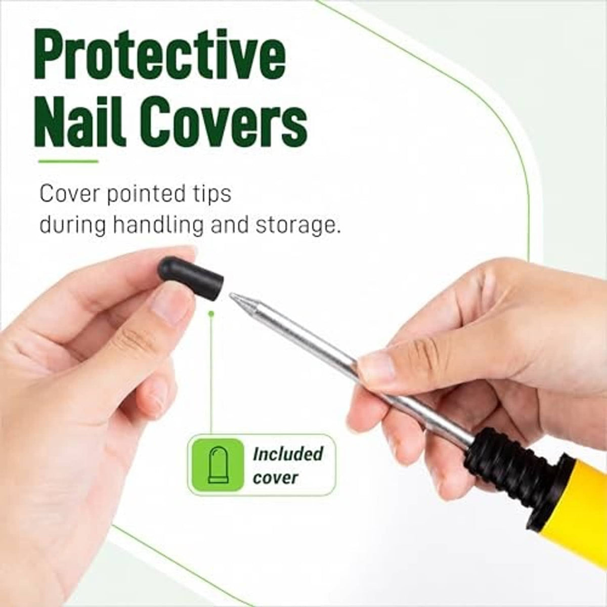 Protective nail cover for soccer agility poles; hands with yellow pole end