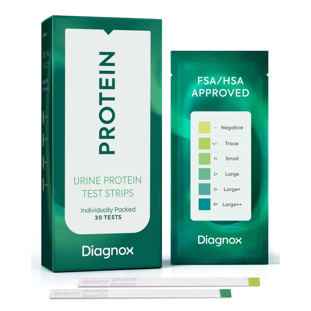 Urine protein test strip kit with green box, pouch, and test strips