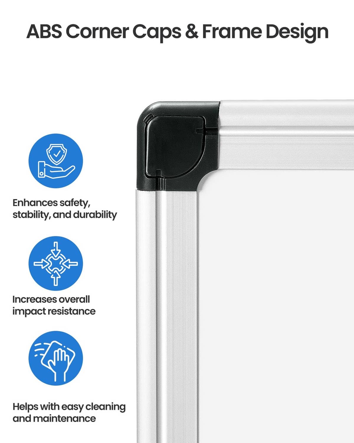 Whiteboard frame with ABS corner caps for added durability and easy cleaning