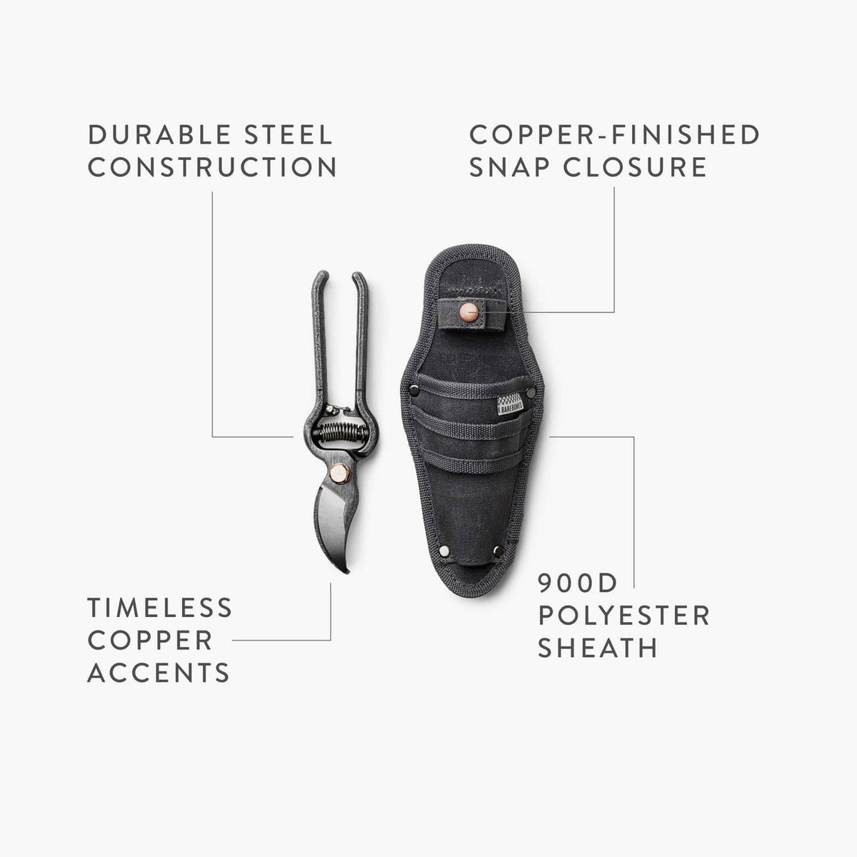 Japanese garden shears with dark polyester sheath and copper accent snap closure