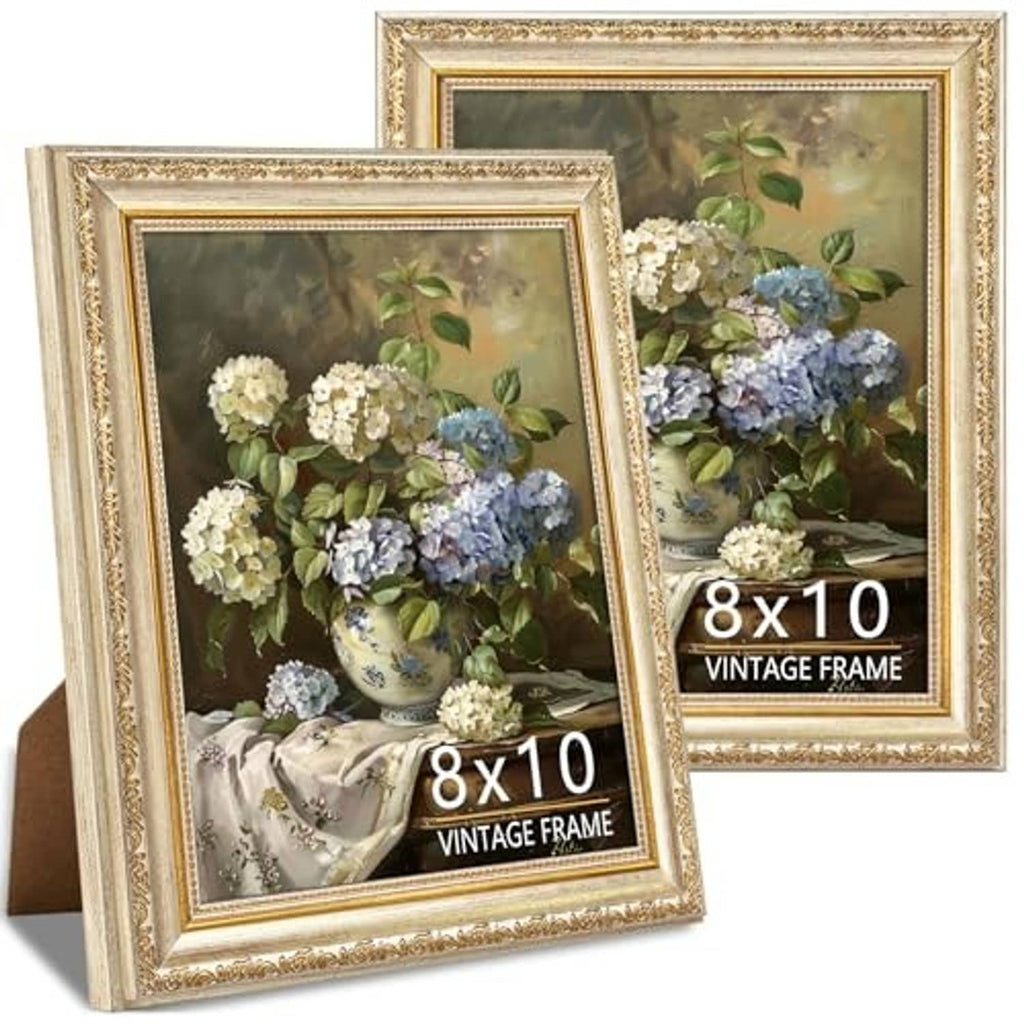 Ornate gold 8x10 picture frames set of 2, front view with vintage floral prints