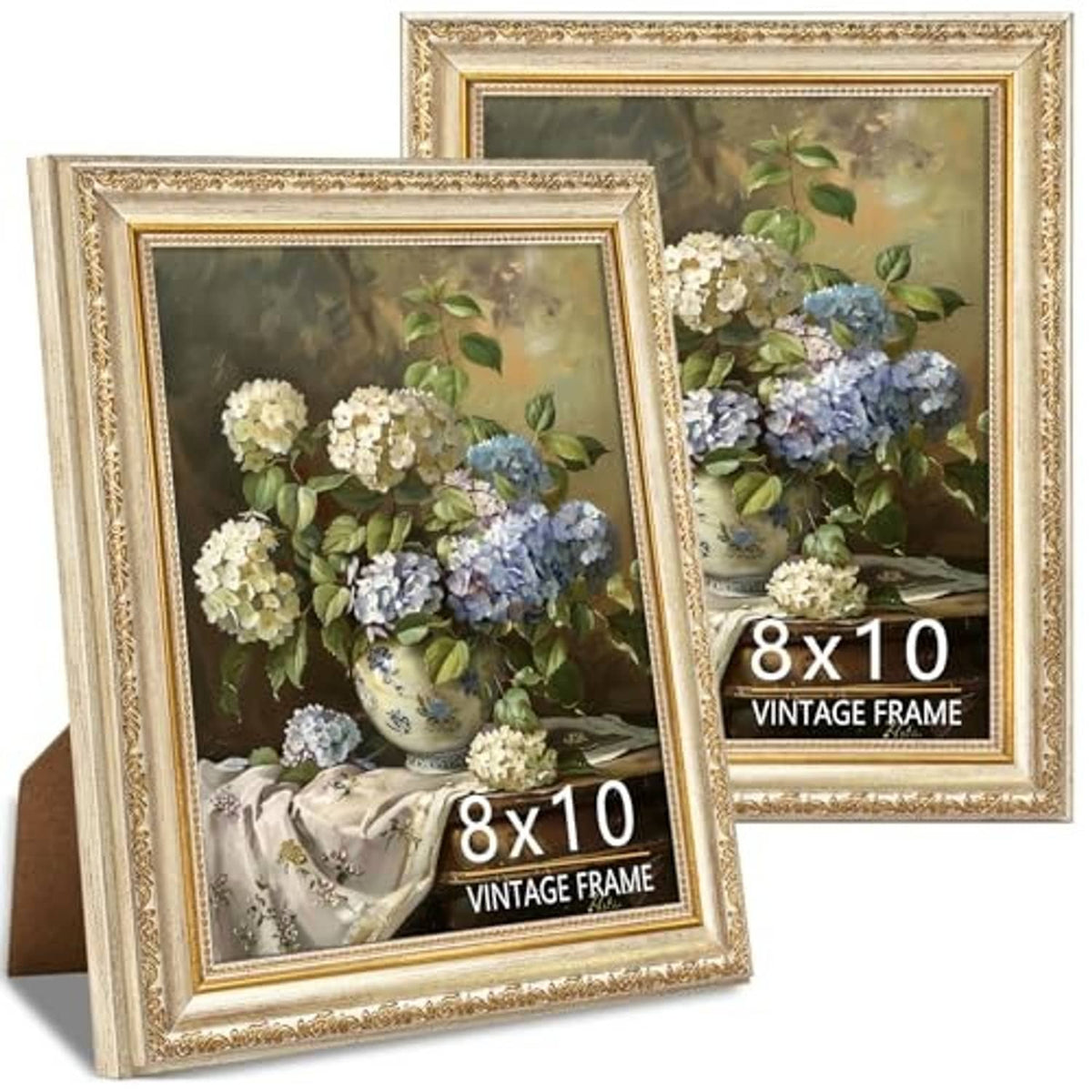Ornate gold 8x10 picture frames set of 2, front view with vintage floral prints