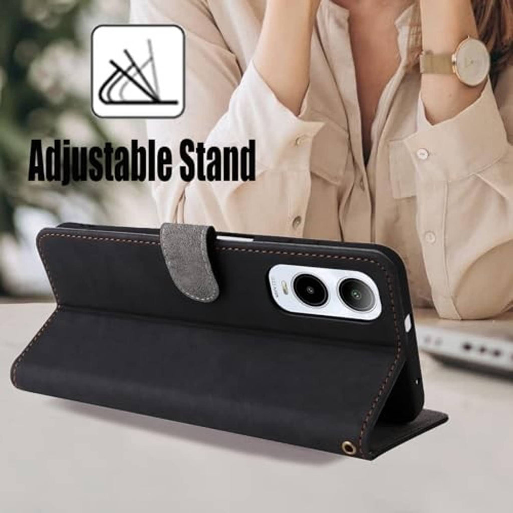 Black wallet folio phone case with adjustable stand and dual camera cutout.