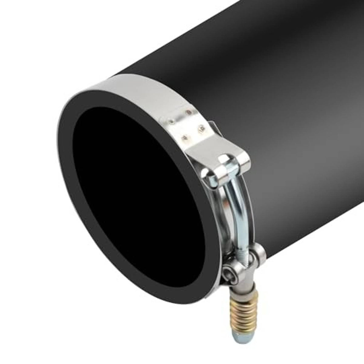 Stainless T-bolt hose clamp tightening band with bolt fastener on a black hose