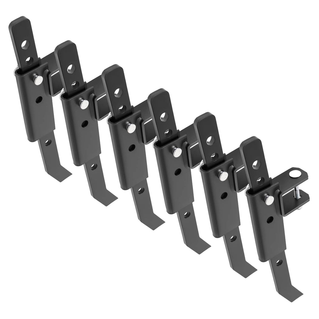 Row of powder-coated steel chisel plow blades with bolt-on mount plates