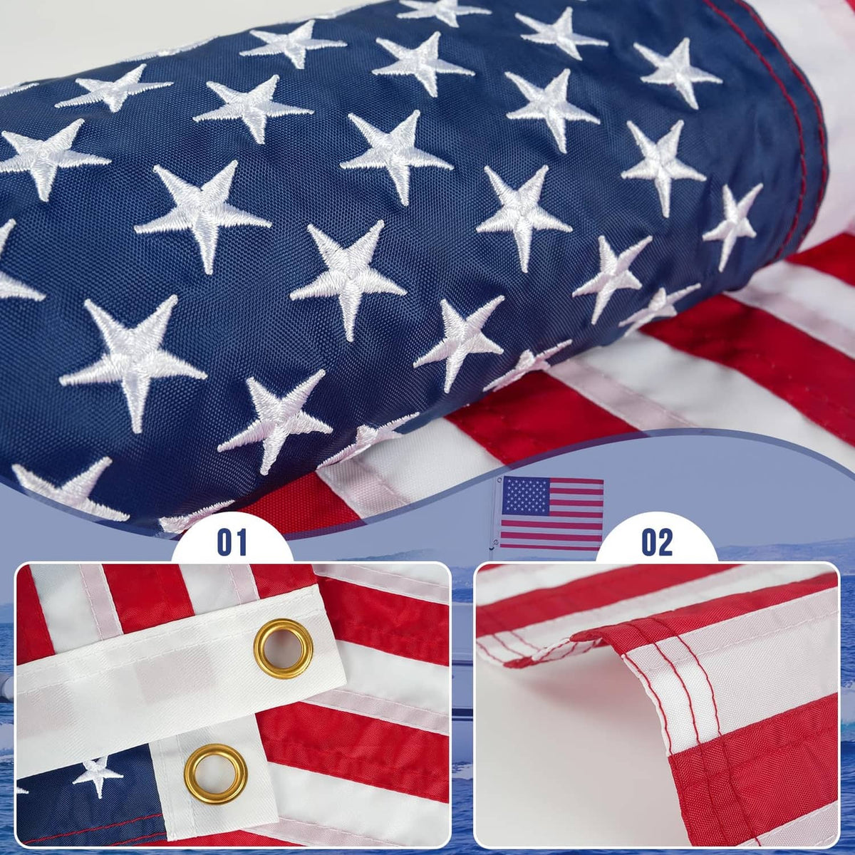 Embroidered American flag with white stars on navy and red-and-white stripe stitching
