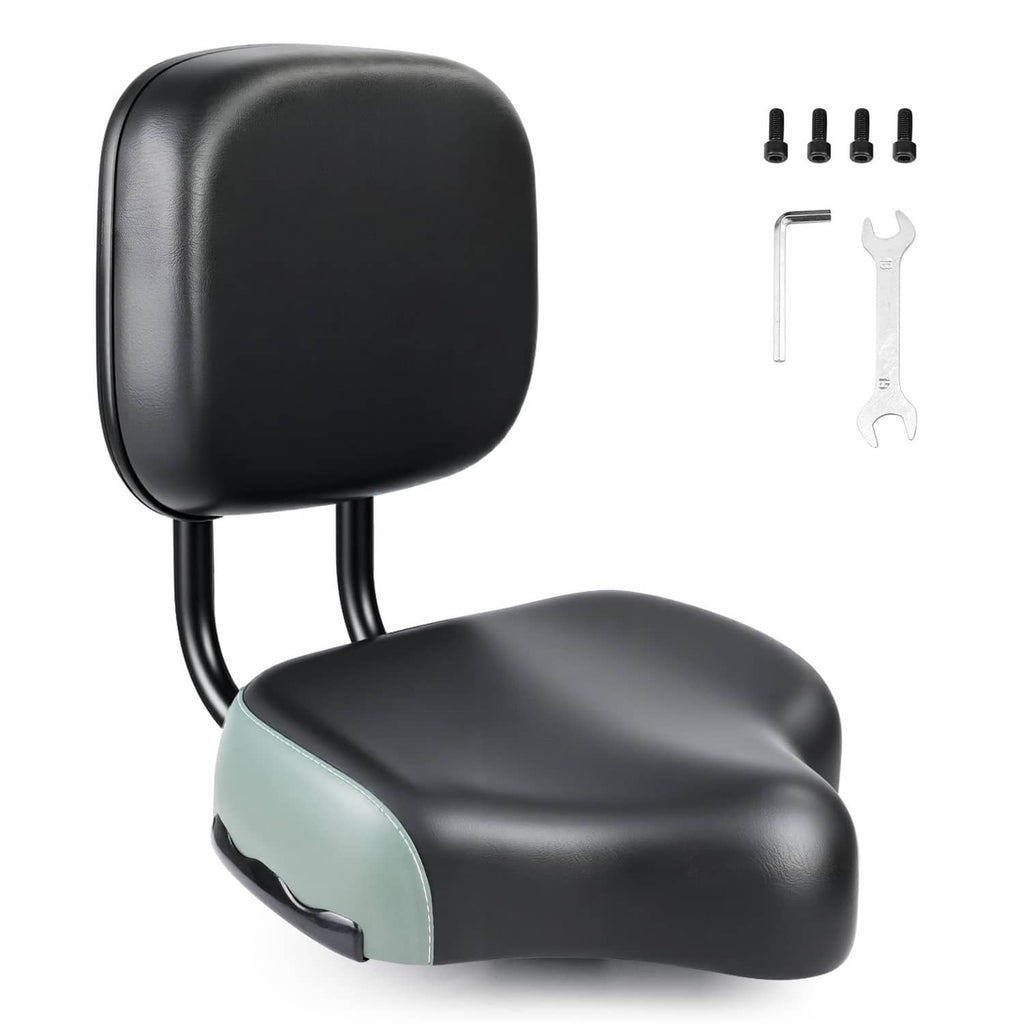 Bike saddle with soft black backrest and cushioned seat, curved support rails