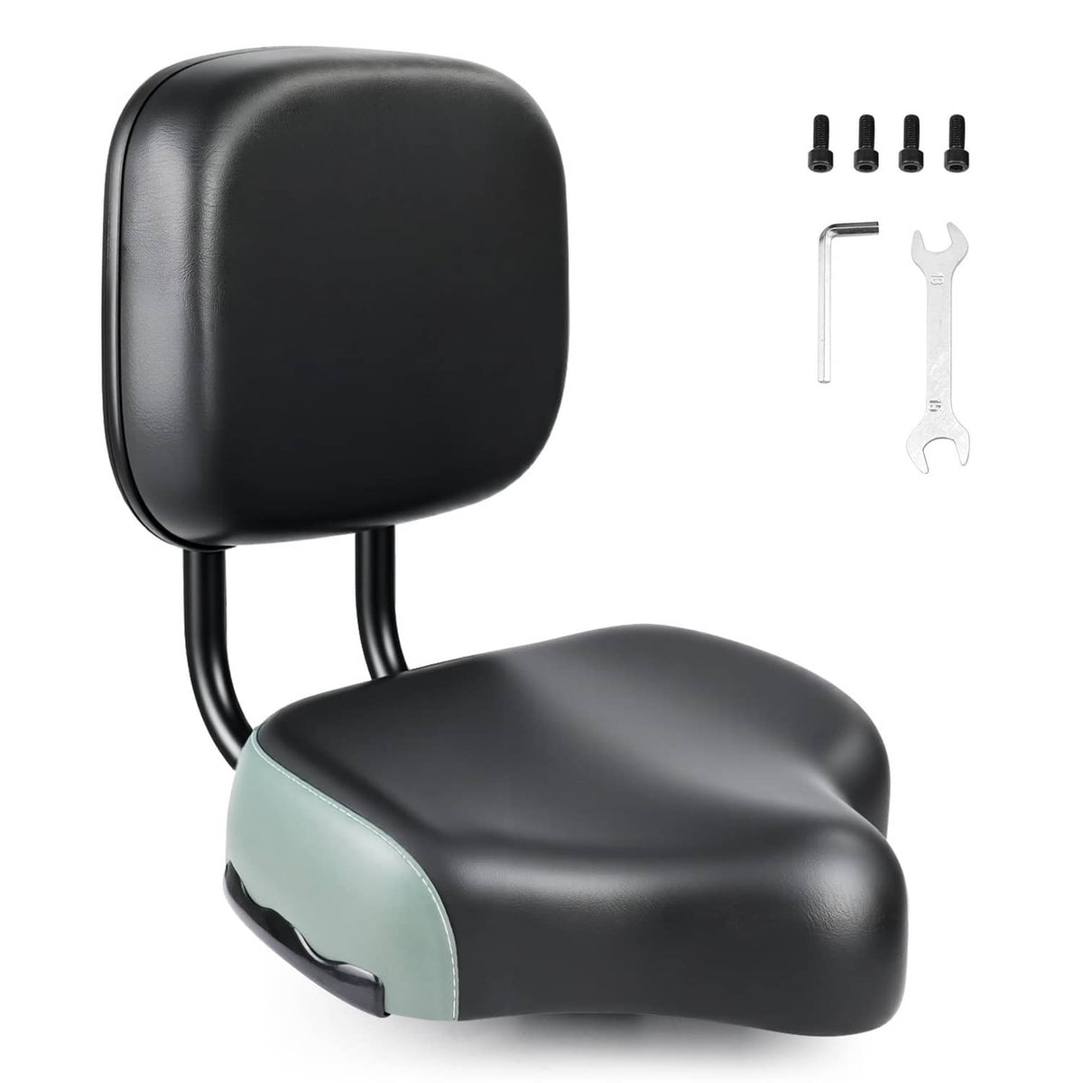 Bike saddle with soft black backrest and cushioned seat, curved support rails