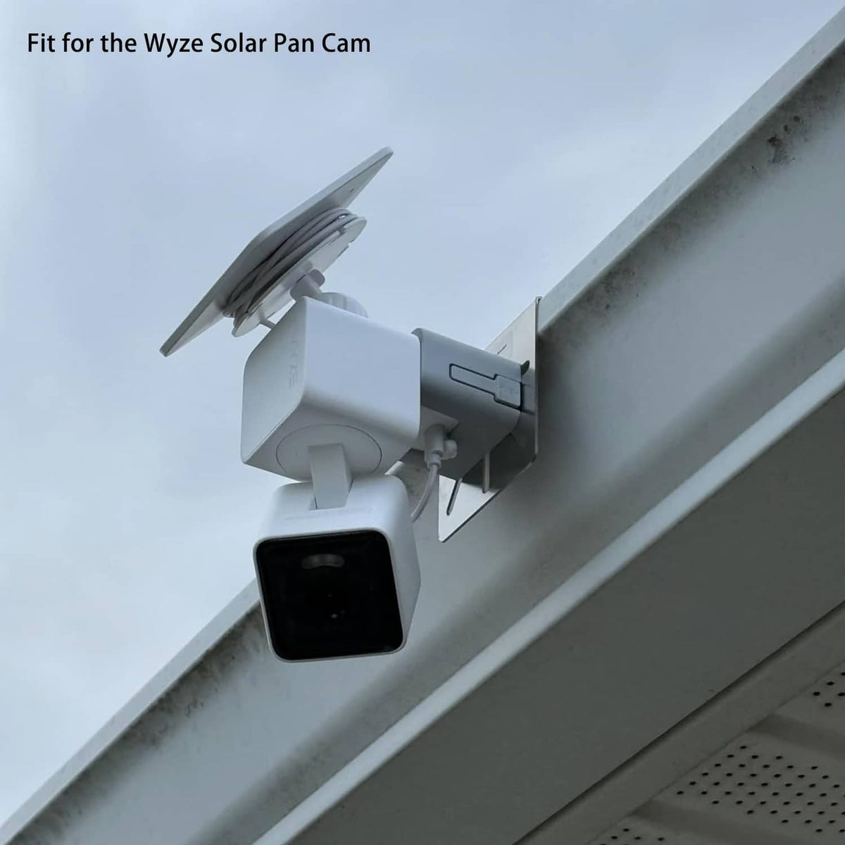 Adjustable stainless steel gutter bracket with camera mount on eave