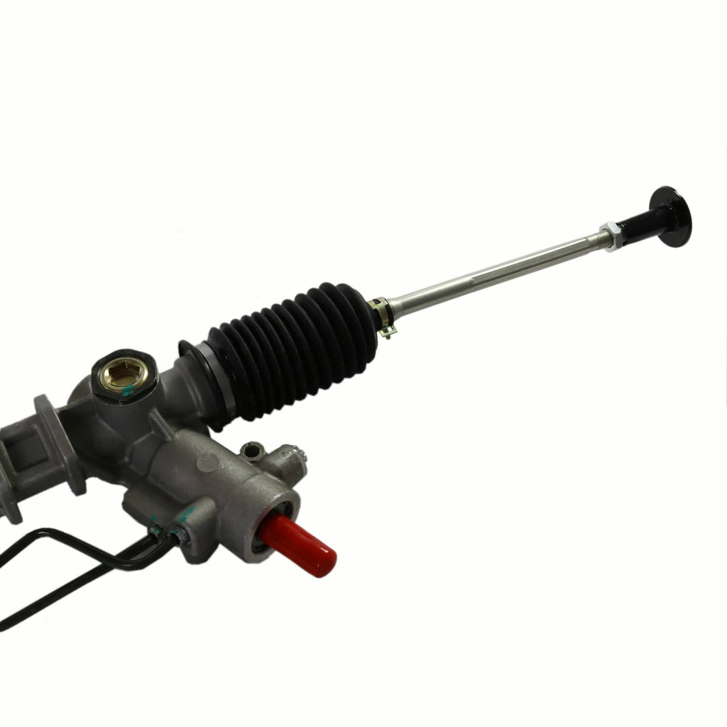 Power steering rack end with black boot, gray housing, red fitting, and metal tie-rod