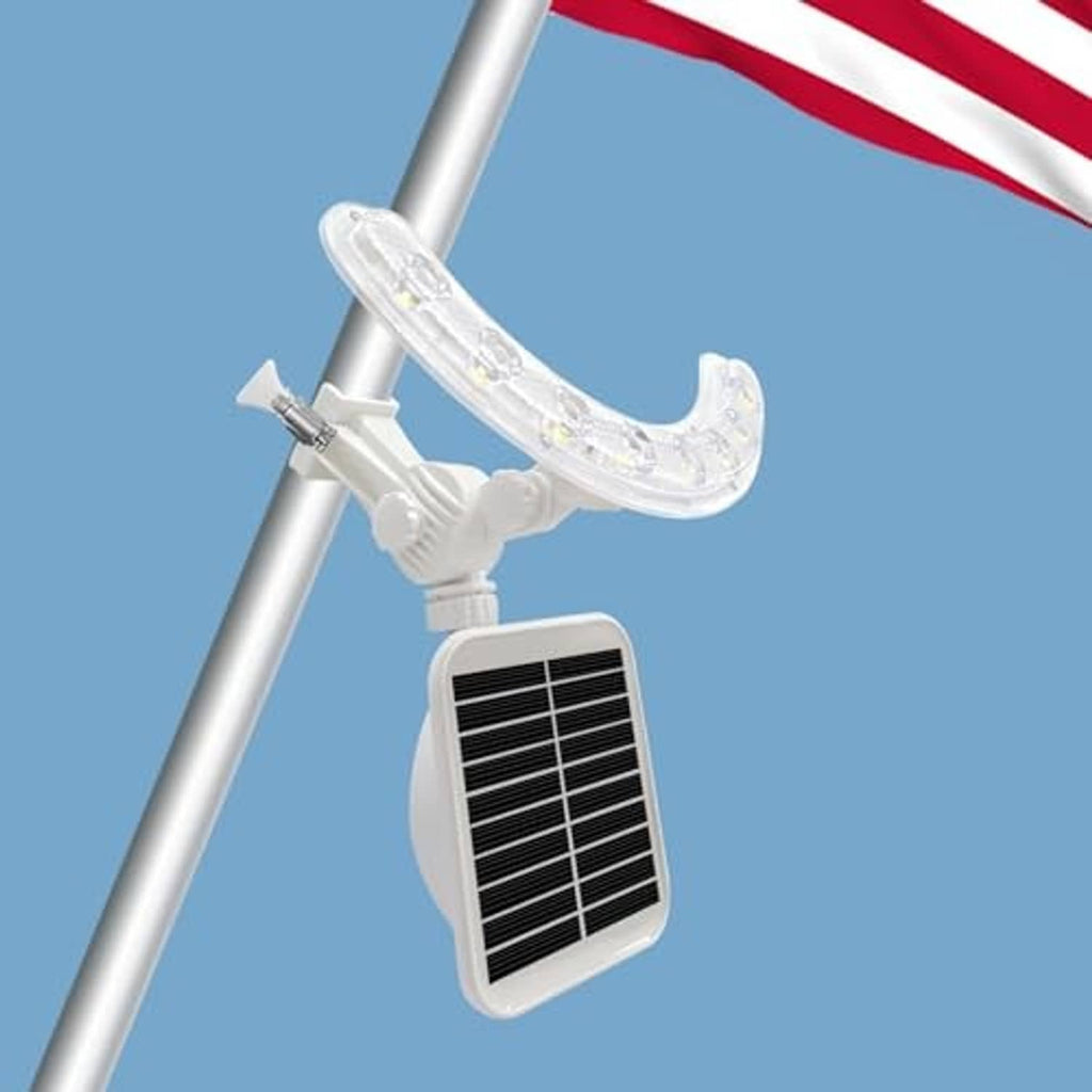 Solar flagpole light clamp with curved white LED bar and rectangular solar panel