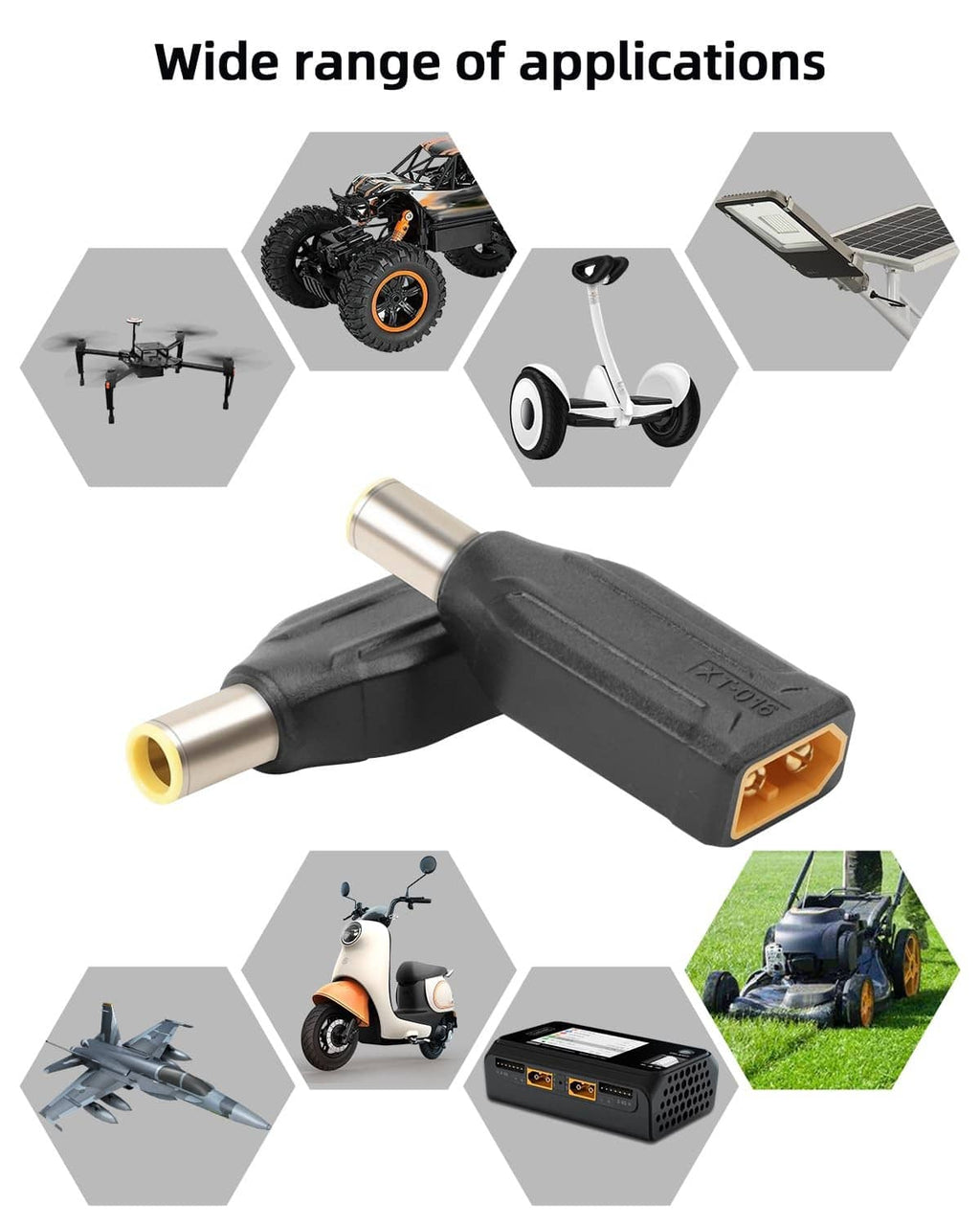 Black XT60 male to DC connector plug, two-piece housing with gold contacts