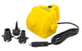 Yellow 12V car air pump with power cord and three black inflation nozzles