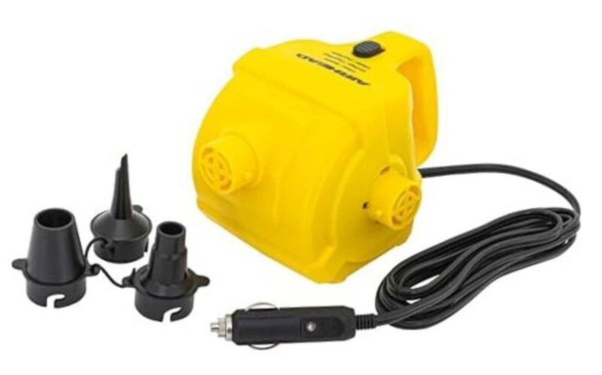 Yellow 12V car air pump with power cord and three black inflation nozzles