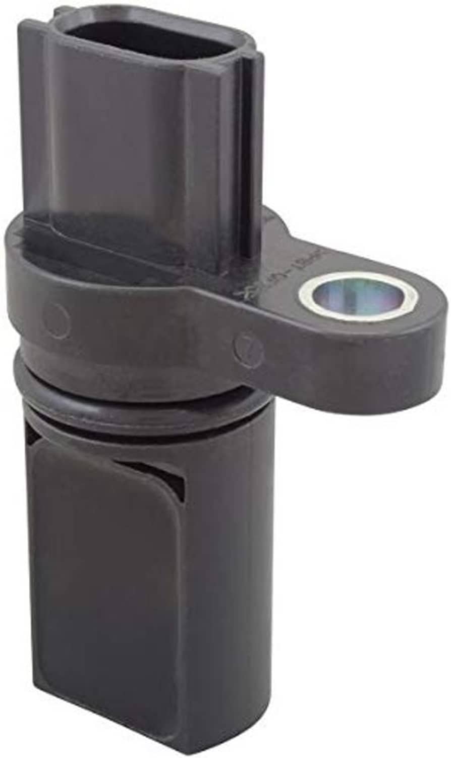 Camshaft position sensor in angled view, dark gray housing with metal ring on base
