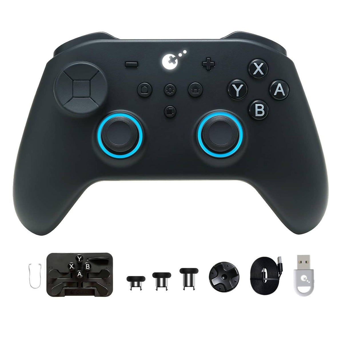 Black Bluetooth gaming controller with dual analog sticks, D-pad, and face buttons