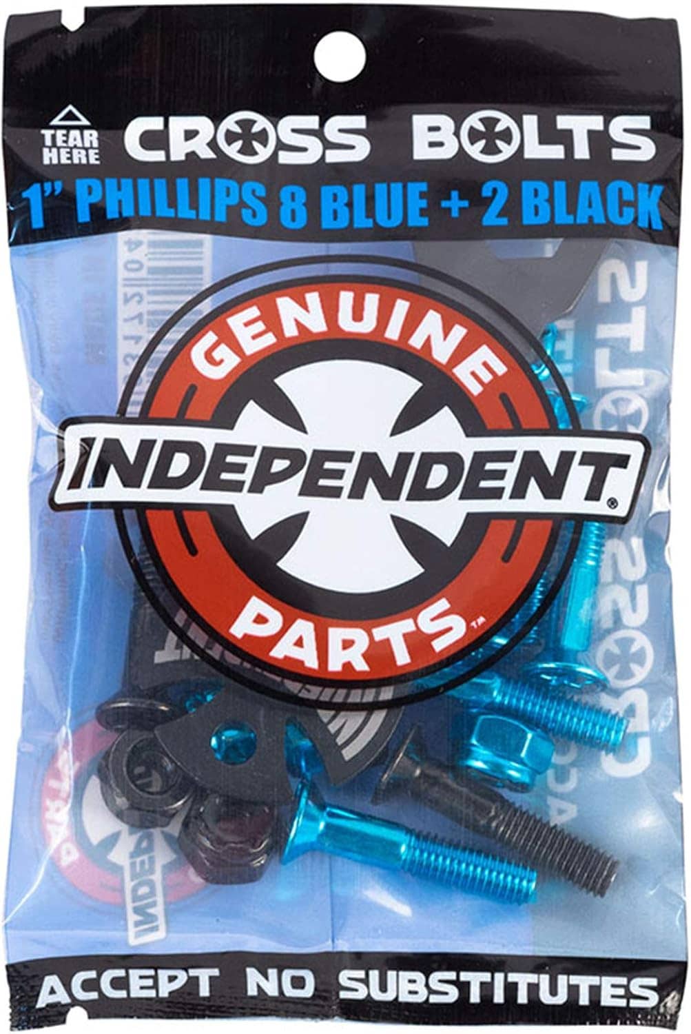 Bagged hardware set with blue and black Phillips bolts and hex nuts, Independent logo