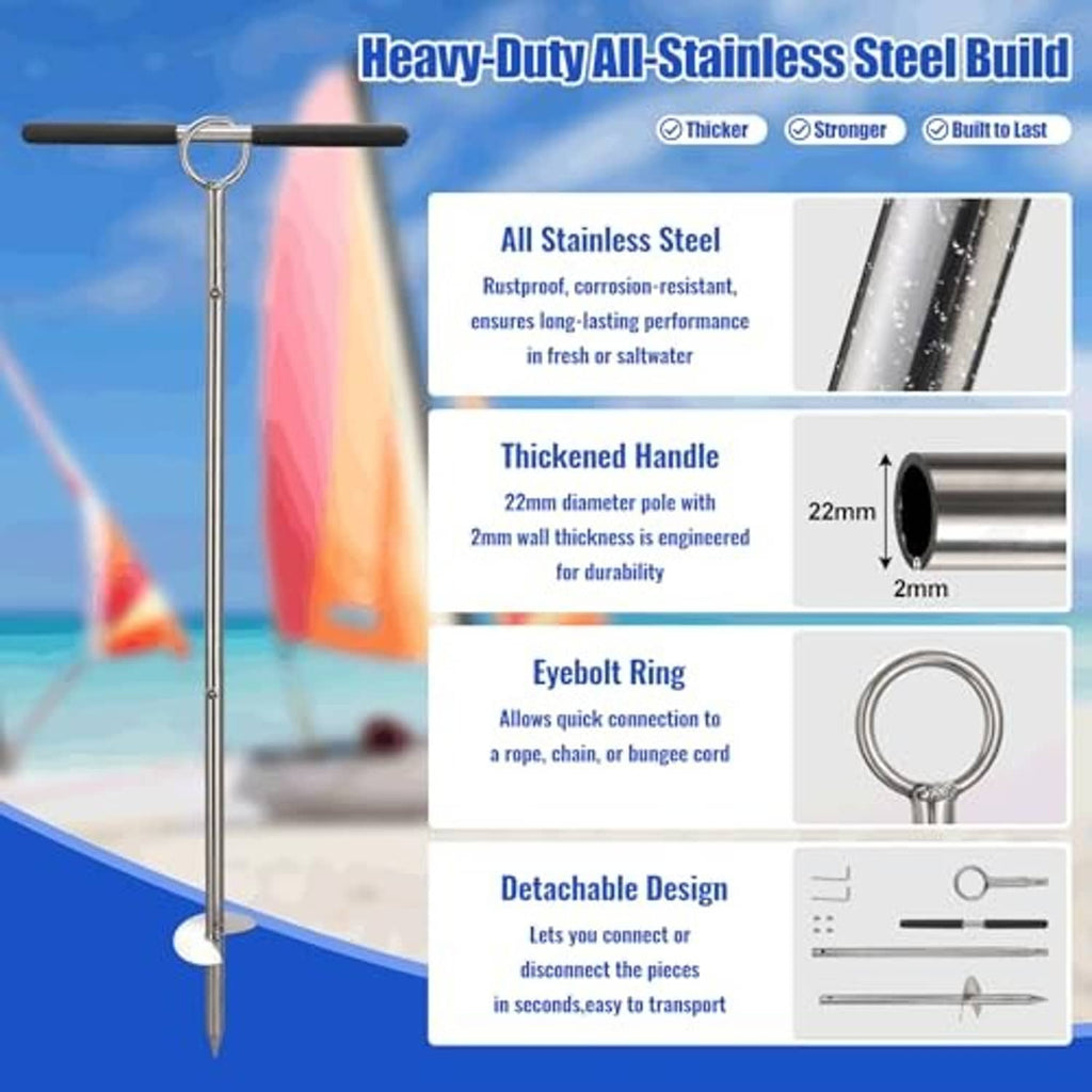 All-stainless sand anchor kit with thick handle and eye bolt ring components