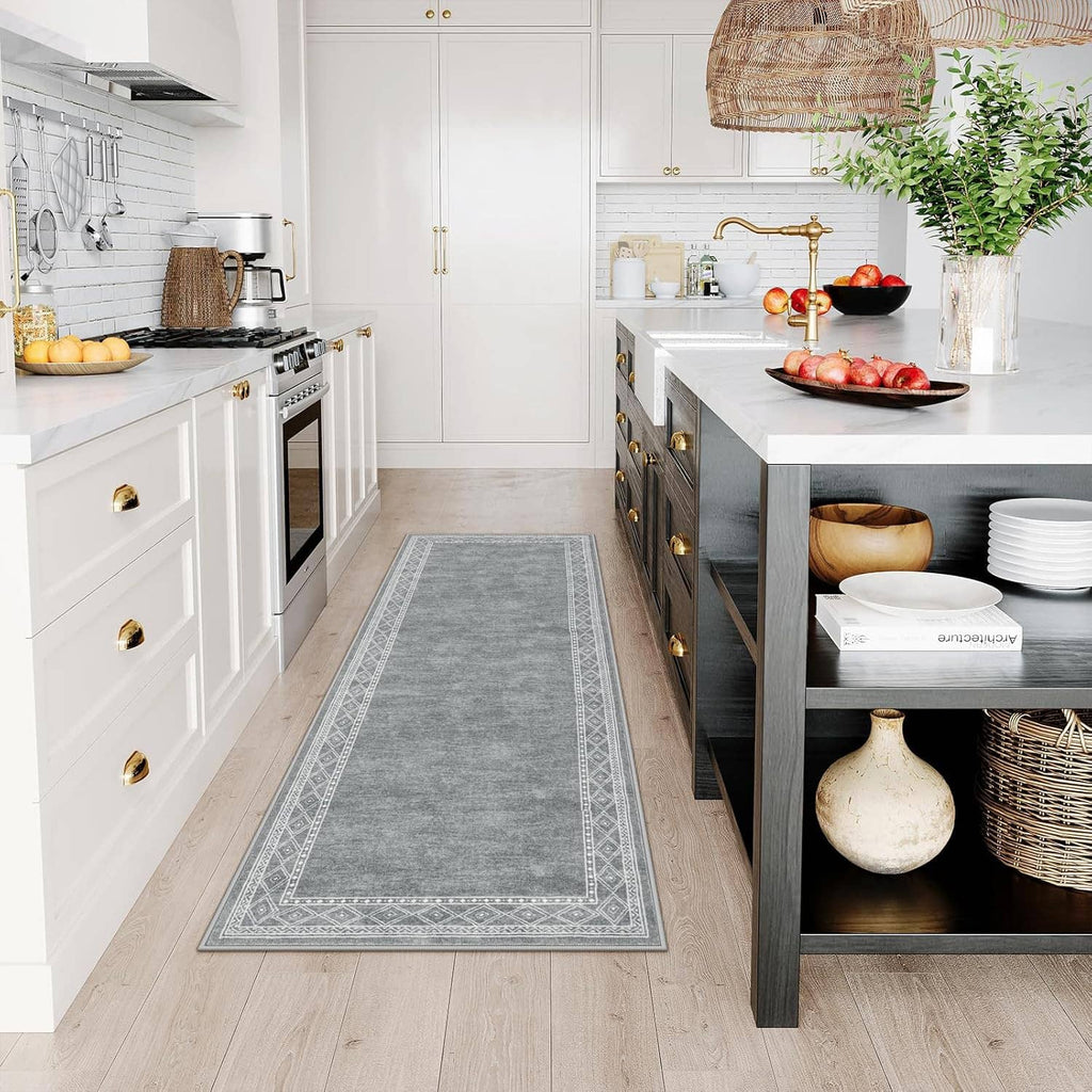 Gray kitchen hallway runner rug with narrow bordered geometric pattern