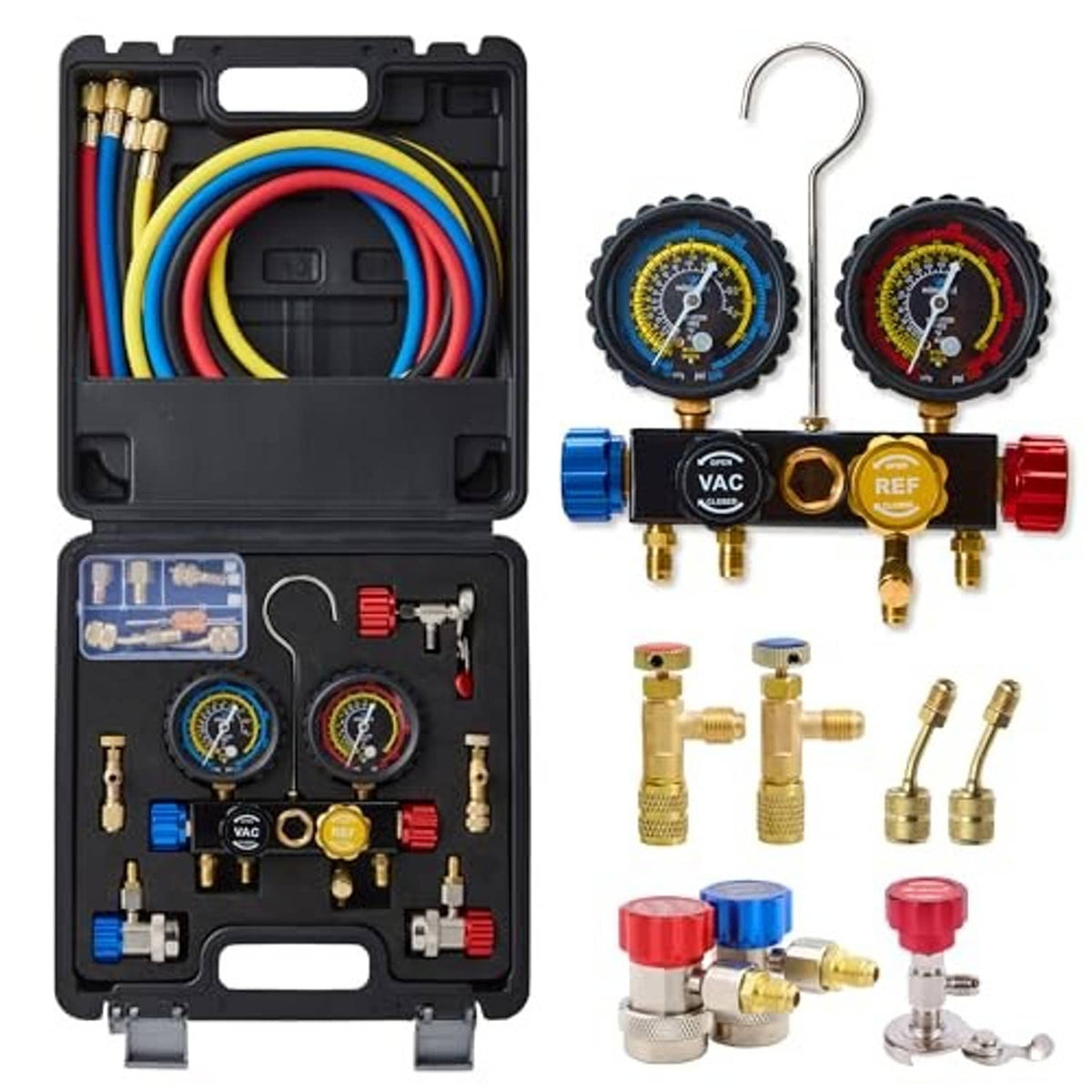 Automotive AC manifold gauge set in black case with two pressure dials, hoses, and adapters