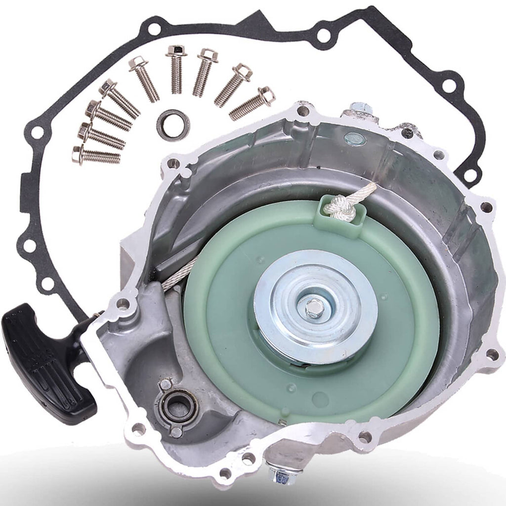 Recoil starter assembly with housing and green recoil spring, includes mounting screws
