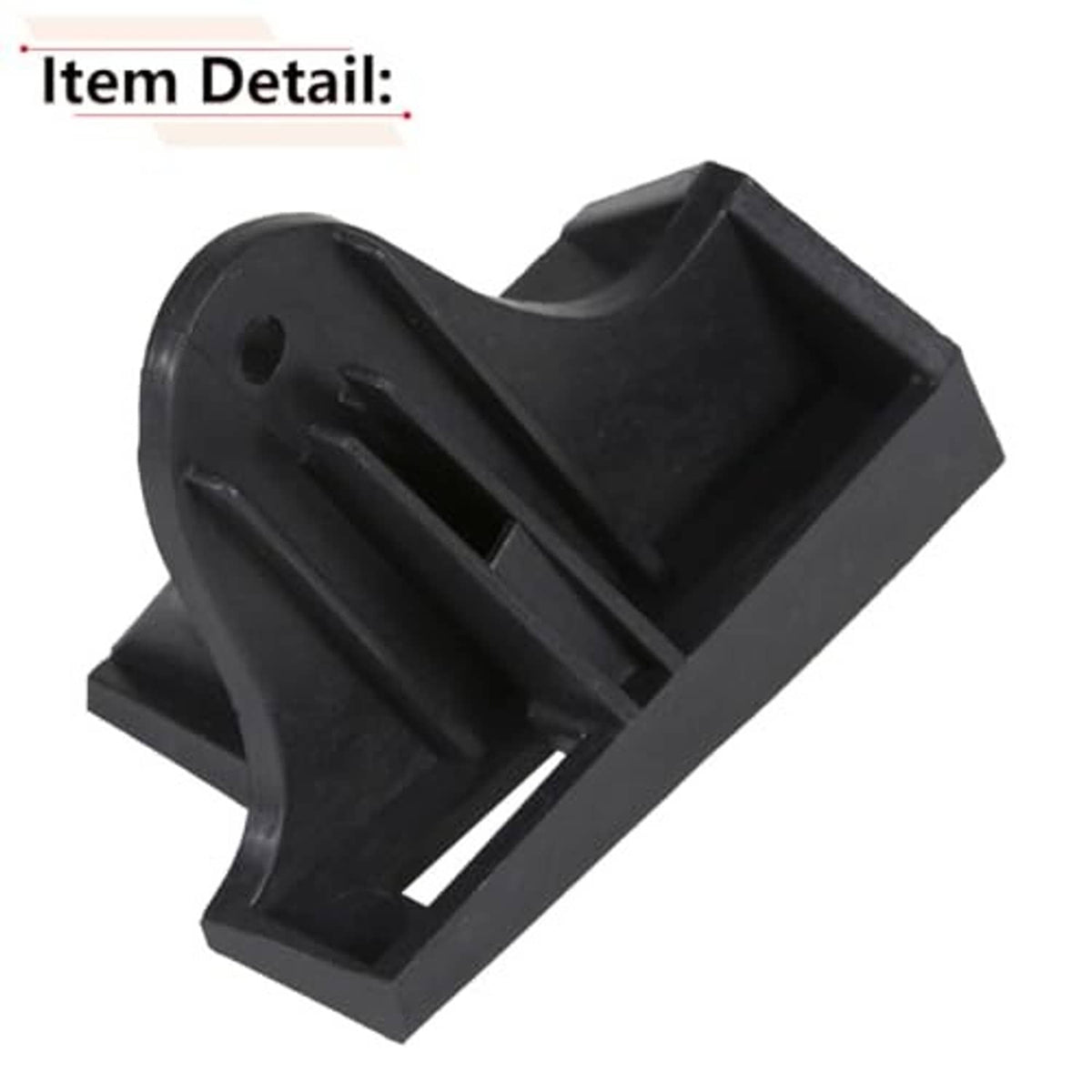 Black plastic driver-side seat trim bracket close-up, ribbed inner section