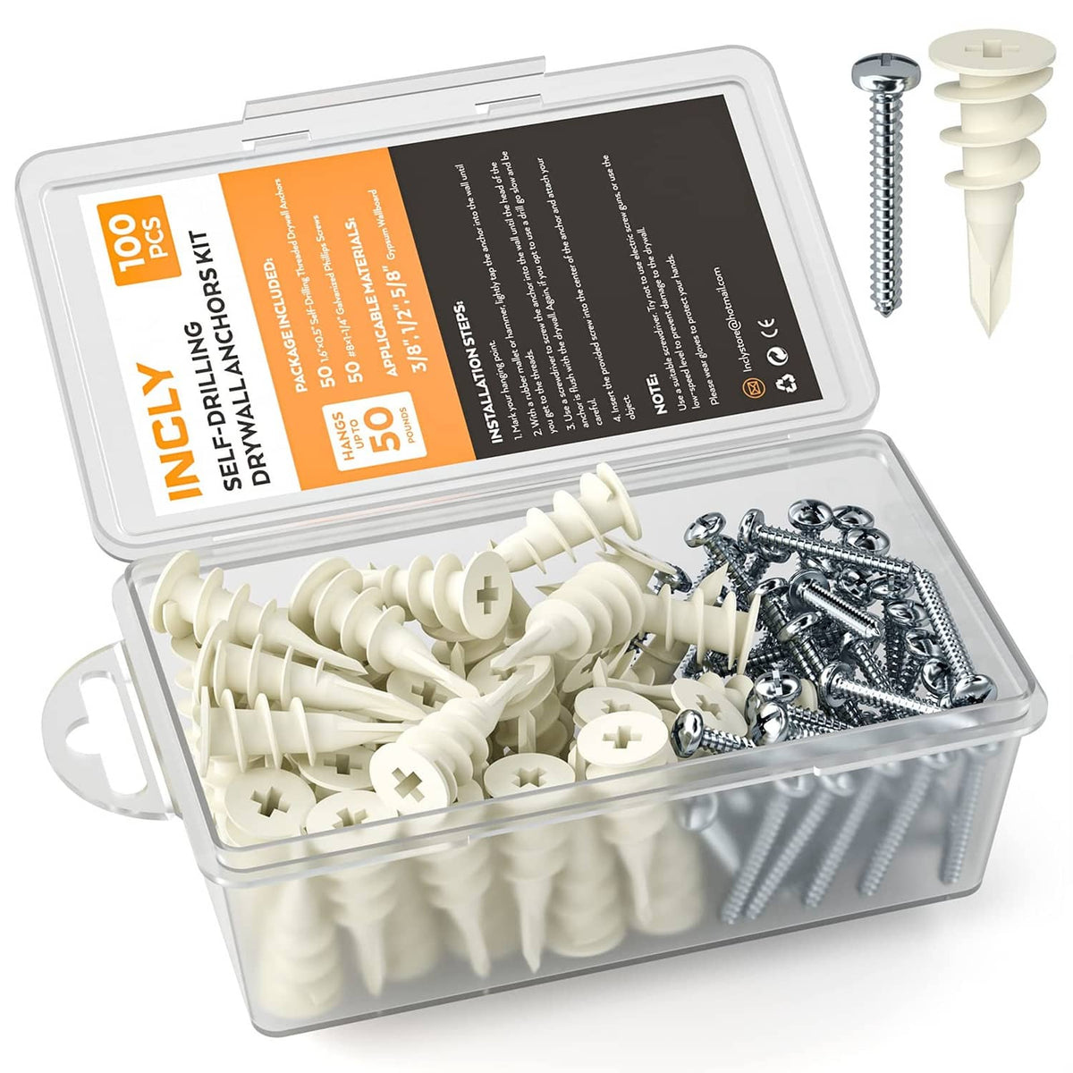 Incly drywall anchor kit with plastic anchors and self-drilling screws, 100-piece set
