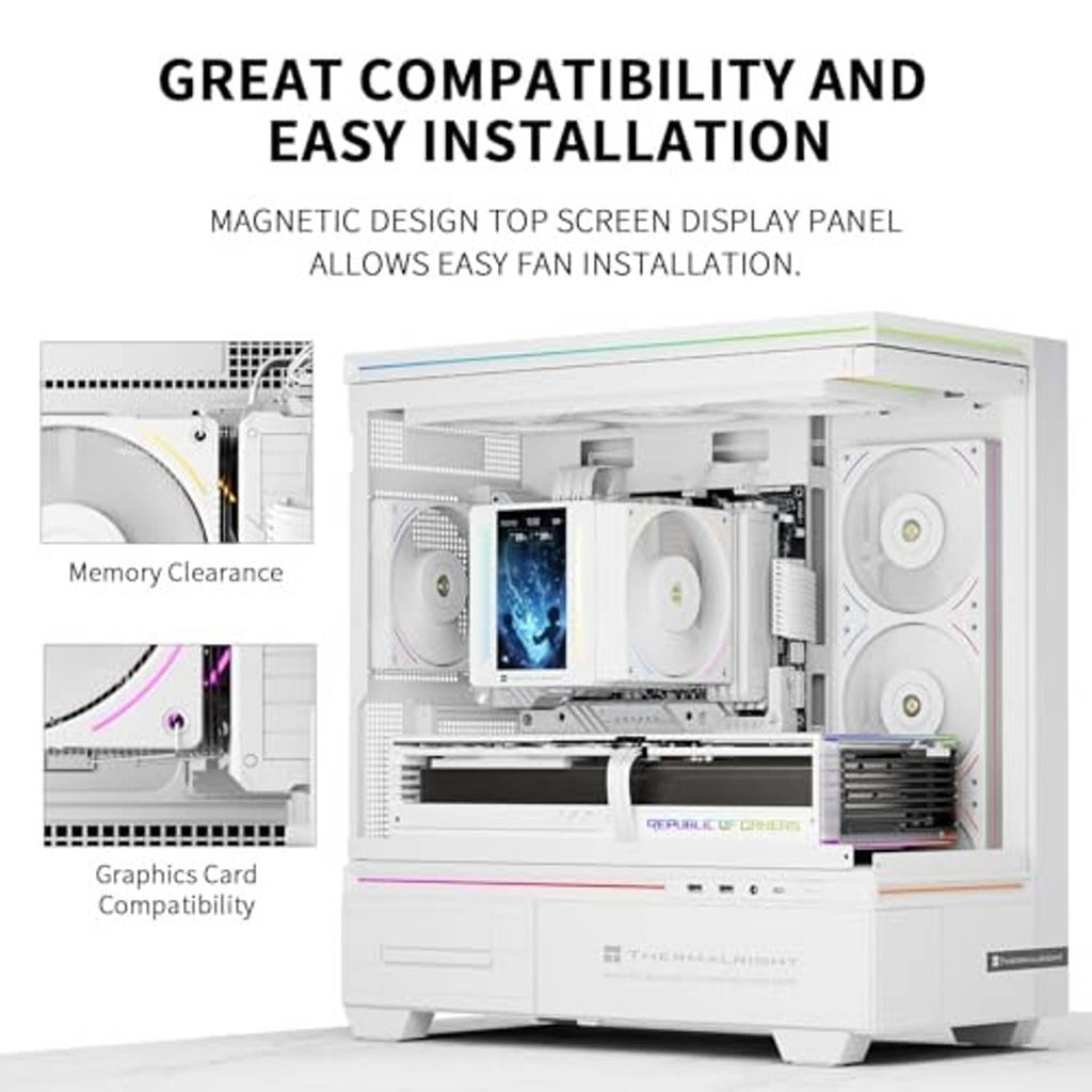 White CPU cooler open interior view with top magnetic display panel and dual 120mm fans