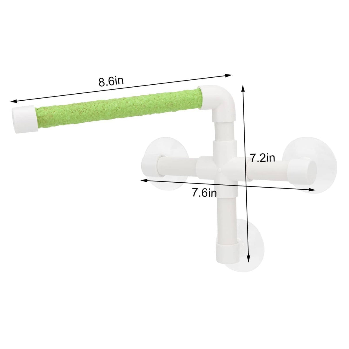 White suction cup bird window perch with green padded rod, shown with size outline.