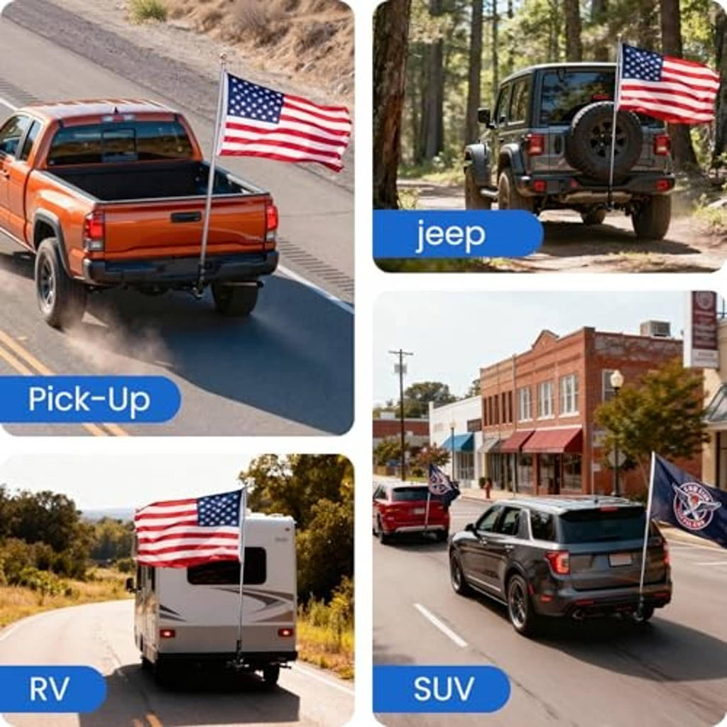 Flagpole hitch mount on vehicles with US flags, black metal hardware