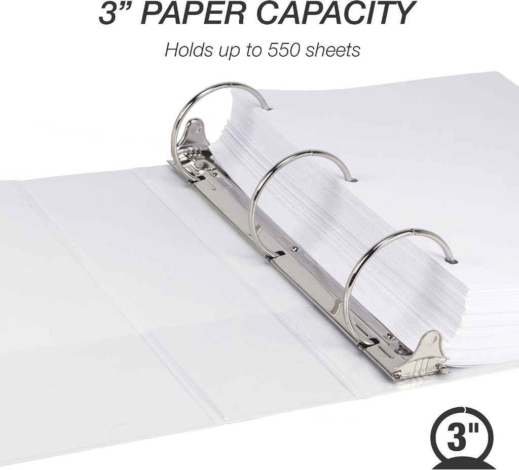 3-inch 3-ring binder with metal round rings, holds up to 550 sheets