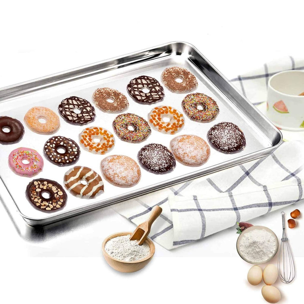 Stainless steel tray with wire rack holding assorted glazed donuts