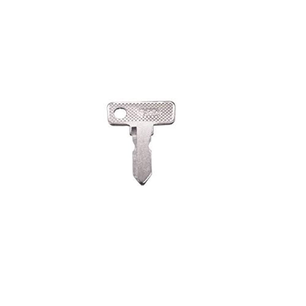 Single metal ignition key with textured rectangular head and pointed blade