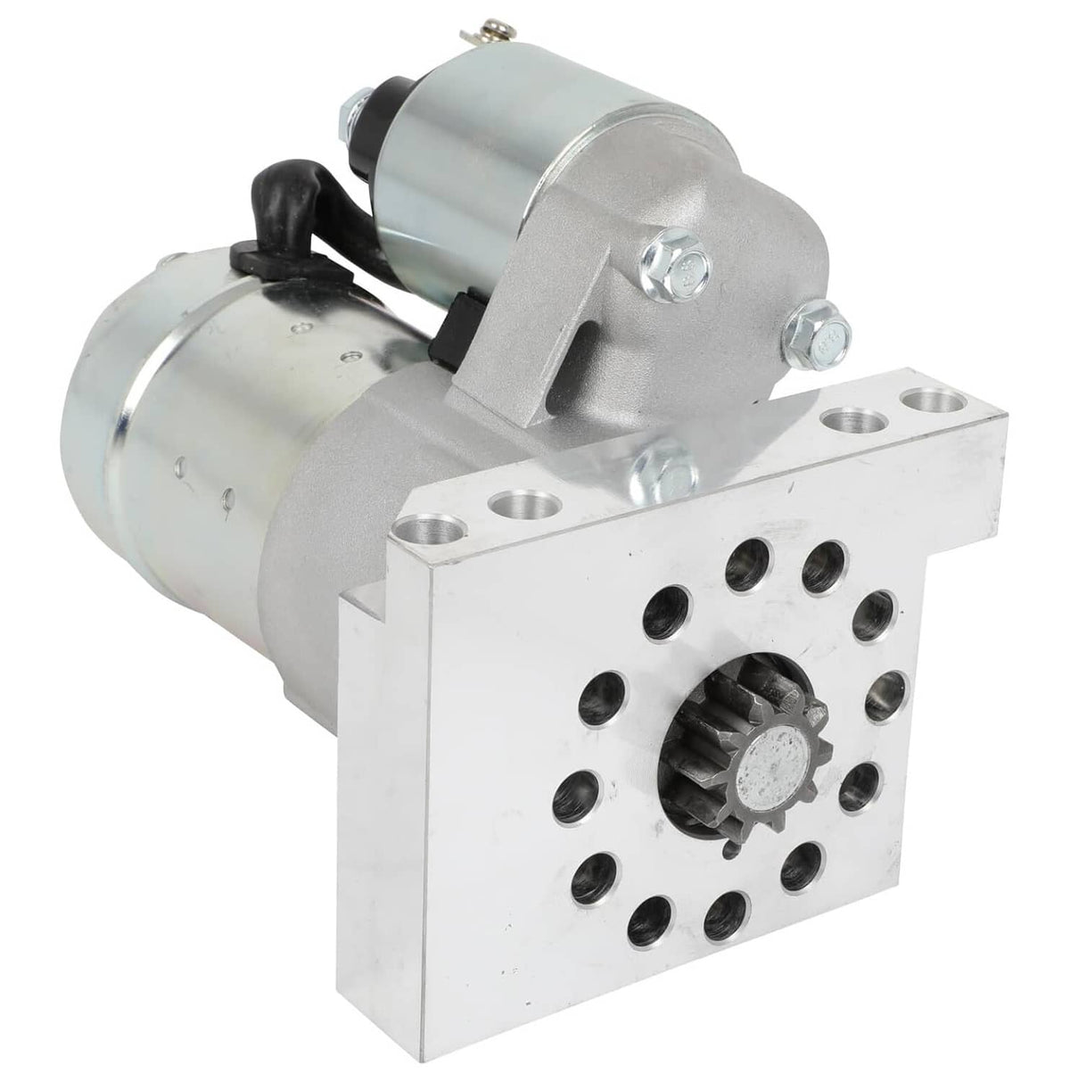 Compact starter motor with silver metal housing and side electrical terminals, bolt bracket
