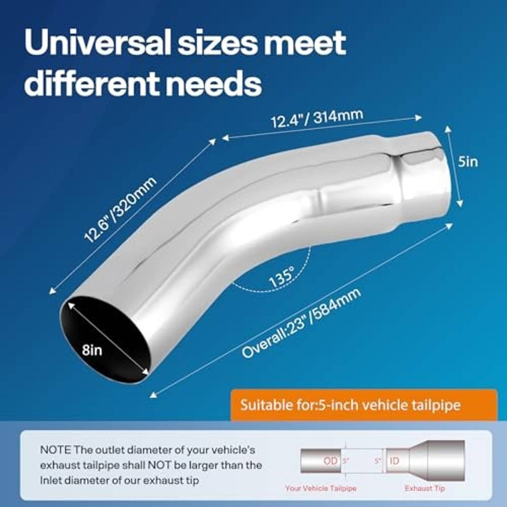 Silver 135-degree universal exhaust elbow tip with 8-inch outlet opening