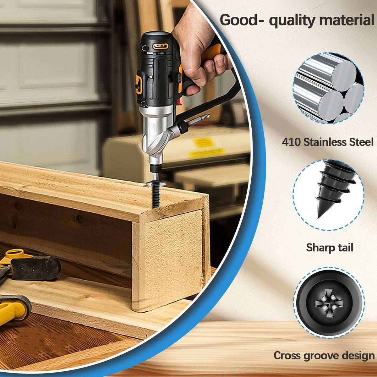 Black cross-groove wood screw being driven into timber with a drill