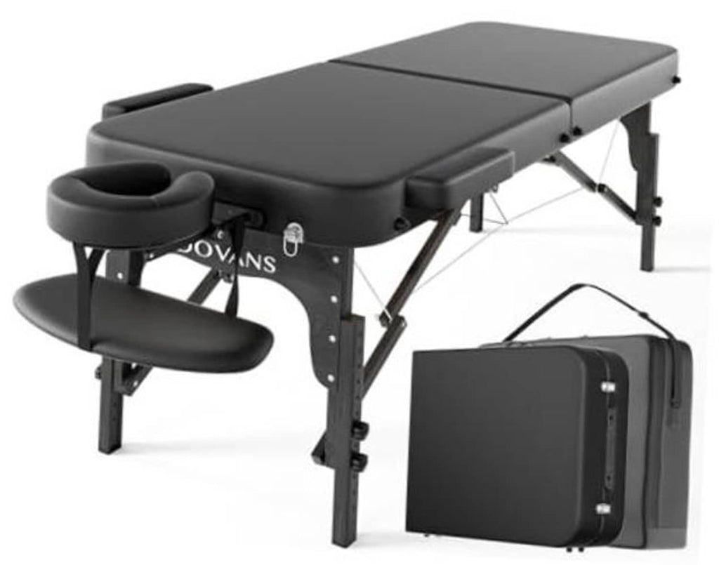 Foldable black massage table with padded top and adjustable base, includes headrest