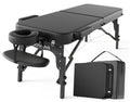 Foldable black massage table with padded top and adjustable base, includes headrest